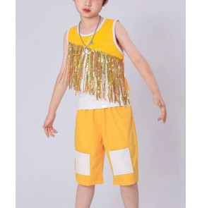 Boys gold sequins glitter jazz street hip hop dance costumes drummer gogo dancers singers model stage show sparkle outfits for kids